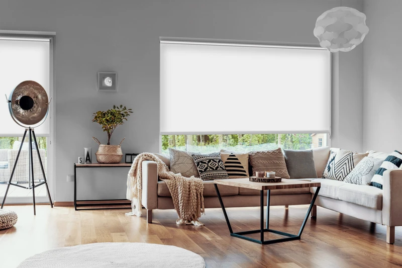 View outside to the green woods through large glass windows in a